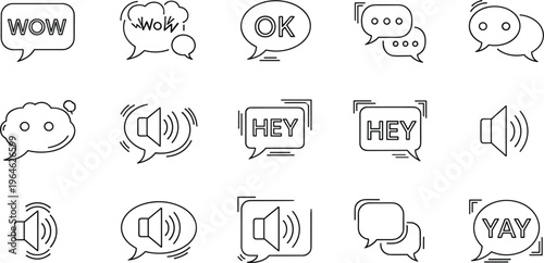 Minimal Line Speech Bubble Icon Set Featuring Chat Messages, Sound Notifications, WOW OK HEY YAY Text and Communication Symbols