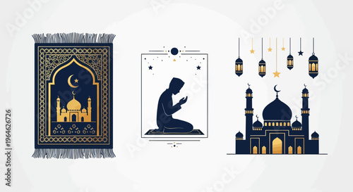 Islamic Illustration Set Featuring Prayer Rug, Silhouette of Man Praying, and Mosque with Lanterns for Ramadan Kareem and Eid Mubarak Decorations