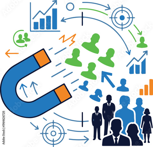 Magnet attracting people and business growth symbols