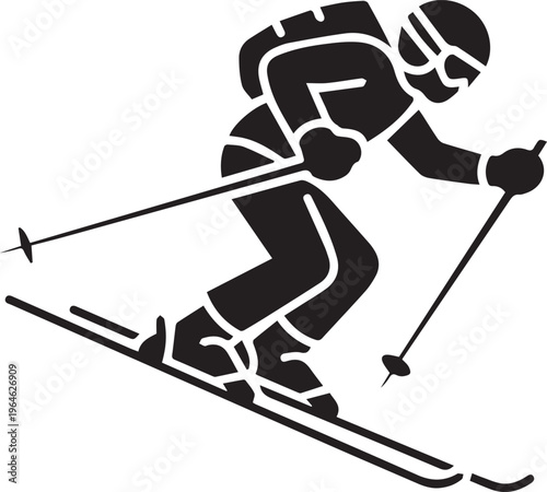 Dynamic silhouette of a skier descending a slope with ski poles and goggles, conveying speed and winter sport action.