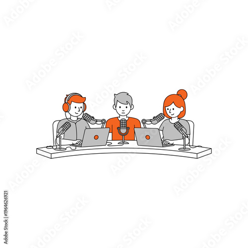 Three people wearing headphones and microphones sitting at table with laptops.