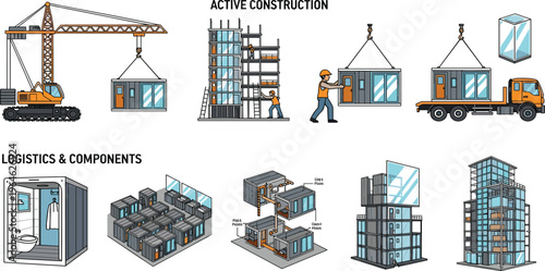 Modular Building Construction Set Featuring Active Construction Process, Logistics, and Components for Modular Homes and Structures