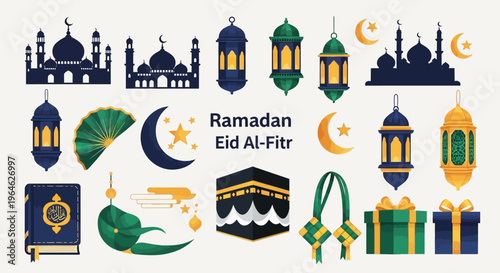Islamic Religious Elements Set for Ramadan Kareem and Eid Al-Fitr Featuring Mosque Silhouette, Lanterns, Kaaba, Quran, Ketupat, and Gift Boxes Vector Illustration