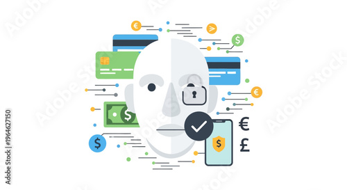Fintech, AI Powered Financial Security, Biometric ID Verification, and Digital Banking Technology Illustration
