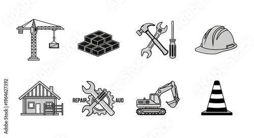 Construction and repair tools with building elements and safety equipment.