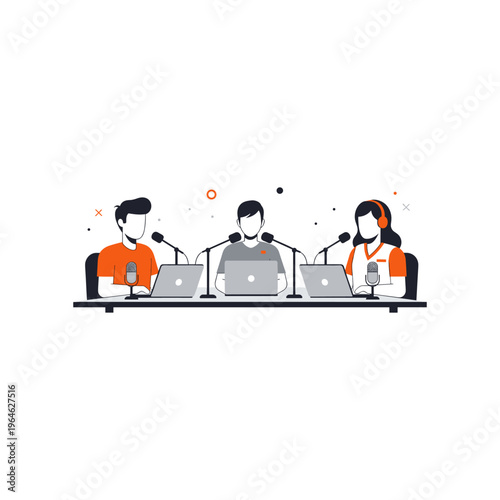 Three people wearing headphones and microphones sitting at table with laptops.