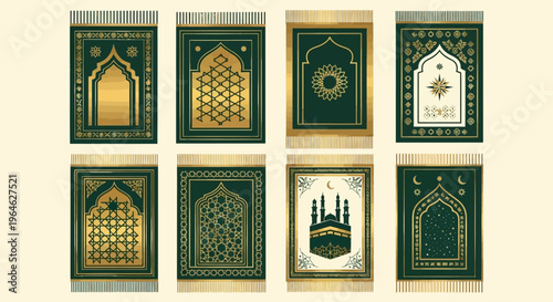 Set of Islamic Prayer Mat Designs with Mihrab Arches and Geometric Patterns. Traditional Green and Gold Sajjada Illustrations for Ramadan, Eid al-Fitr, and Religious Decor.