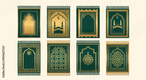 Set of 8 Elegant Islamic Prayer Rug Designs in Green and Gold. Traditional Sajadah Illustrations with Mihrab, Kaaba, and Geometric Patterns for Ramadan and Eid Celebrations.