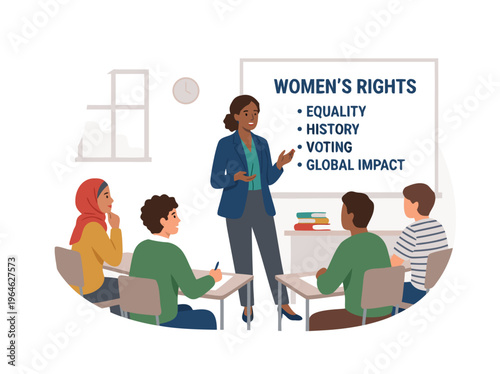 Diverse group of students learning about womens rights in a classroom setting with a teacher.