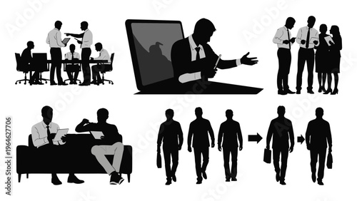 Business meeting vector silhouettes teamwork online collaboration career progression icons