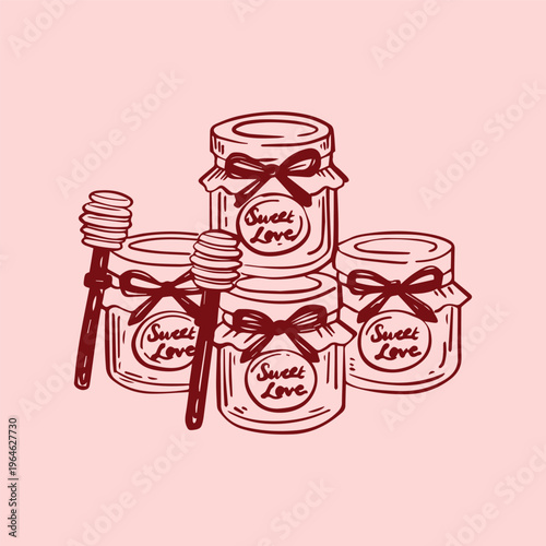 Hand drawn honey jar wedding favor with ribbon and dipper. Perfect for rustic wedding, bridal shower, organic product packaging, and romantic celebration design.
