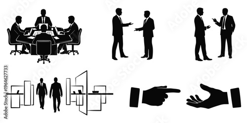 Business team meeting vector silhouette showing professional discussion office work and corporate communication