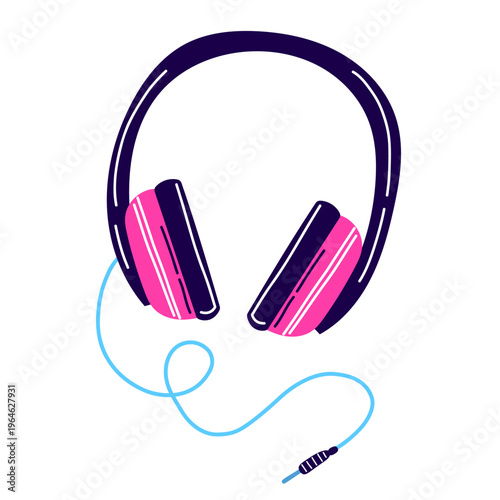 Pink and dark blue wired headphones with light blue coiled cable, isolated on white background. Flat cartoon icon of retro audio accessory.