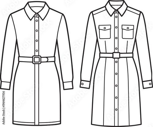 Fashion illustration of two long sleeved belted shirt dresses in black and white