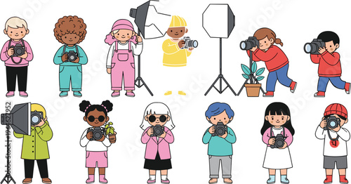 Diverse collection of cute cartoon children and young photographers holding cameras with studio lighting equipment in a flat hand drawn vector style.