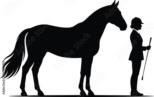 Black silhouette vector illustration of a majestic standing horse and a female equestrian rider in uniform holding a riding crop.
