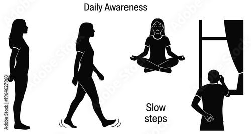 Daily awareness vector silhouette of woman practicing mindfulness walking slowly and meditating for wellness