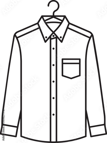 Simple line drawing of a collared dress shirt hanging from a hook
