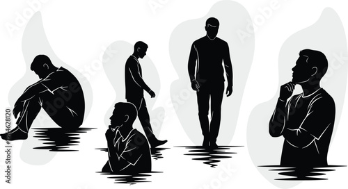 Depression and solitude silhouette set with lonely man sitting walking and thinking vector illustration