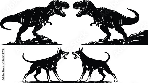 Black silhouette vector illustration of roaring Tyrannosaurus Rex dinosaurs on rocks and aggressive barking Doberman Pinscher dogs in profile view.