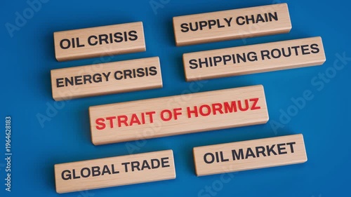 Strait of Hormuz Wooden Blocks Zoom Out Animation — 4K 3D Video Animation of Oil Crisis, Energy Crisis, Global Trade, Supply Chain and Shipping Routes Concept on Blue Background