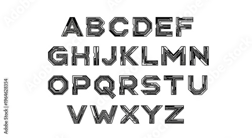 Distressed metallic uppercase alphabet letters on a clean white background.
