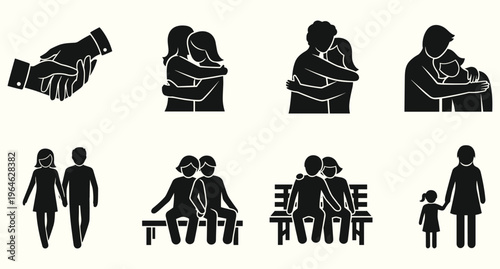 Human relationships and emotional connection silhouette vector set with family couple hugging and support symbols