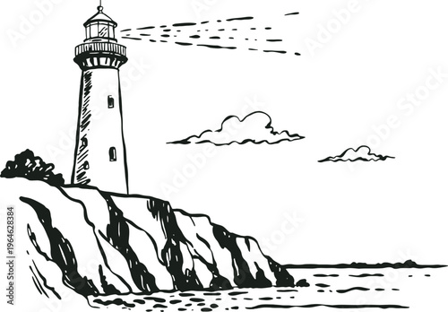 Coastal lighthouse sketch standing on rocky cliff overlooking ocean with clouds and light beam lines. Vector illustration