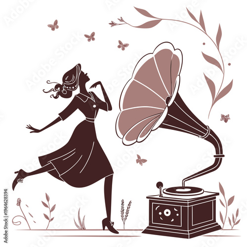 Young Woman Dancing to Gramophone Music Vintage Silhouette Vector