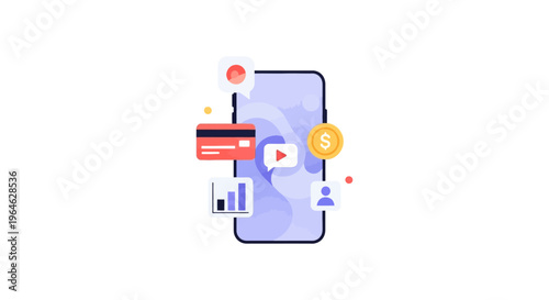 Digital Services and Mobile Finance Concept. Flat Vector Illustration of Smartphone, Online Payment, Analytics, and Social Media.