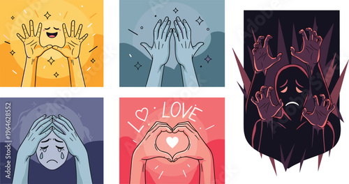 Mental health emotions and feelings set with happiness sadness love fear and hope vector illustration