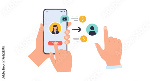 Mobile Salary Payment: Digital Money Transfer between Employer and Employee via Smartphone App. P2P Financial Transaction Illustration.