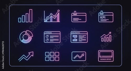 Neon style data analytics dashboard with charts, KPI cards, and graphs on a dark background. Futuristic UI vector design..eps