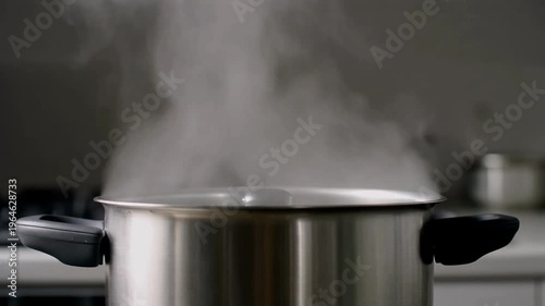 4K High-Resolution Close-up of a Stainless Steel Pressure Cooker Releasing Steam