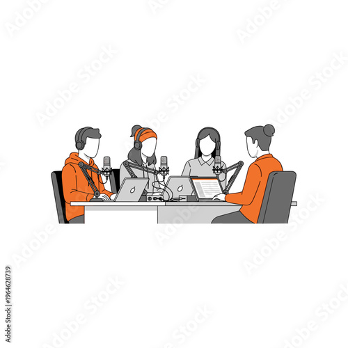 Four people wearing headphones and microphones sitting at table with laptops.