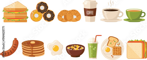 Flat vector illustration collection of breakfast food and cafe drinks featuring club sandwiches, glazed donuts, croissants, hot coffee, tea, pancakes, and sausages.