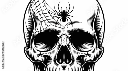 A spooky skull illustration featuring a spider and its intricate web design