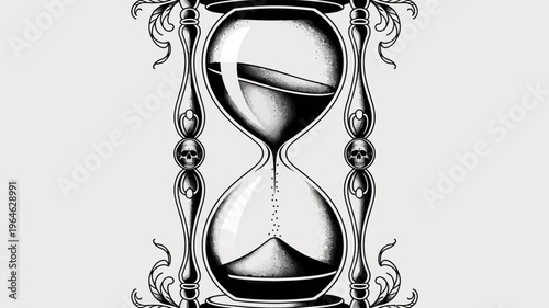 An ornate hourglass with skull details representing the passage of time
