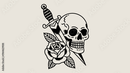 Traditional tattoo design featuring a skull dagger and blooming rose illustration