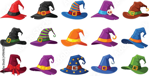 Flat vector illustration collection of colorful witch and wizard hats featuring various patterns like stripes, stars, bows, and a skull for Halloween.