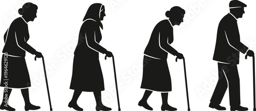 Senior elderly people silhouettes walking with canes, set of old man and women characters, retired aged pensioners isolated on white