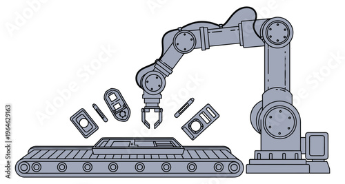 Robotic arm vector silhouette assembly line with conveyor belt in smart factory automation