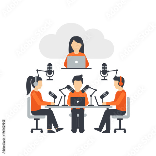 People recording podcast in modern studio with cloud computing and remote guest connection.