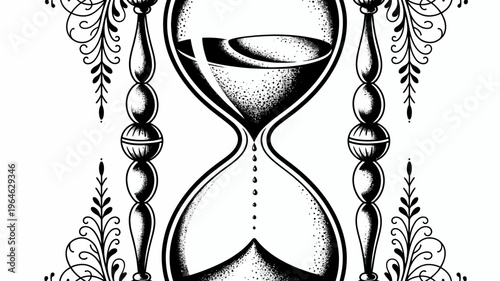 An elegant hourglass illustration surrounded by floral embellishments and ornate details