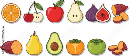 Flat vector illustration collection of fresh fruits and vegetables featuring sliced orange, avocado, cherries, apple, pear, fig, persimmon, and sweet potatoes.