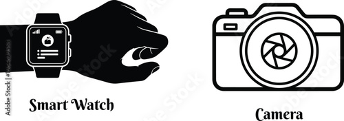 Smart watch and camera icons set for photography and wearable technology lifestyle vector illustration