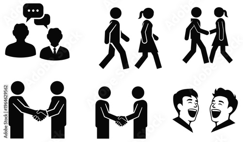 Social interaction vector silhouettes communication handshake friendship conversation icons