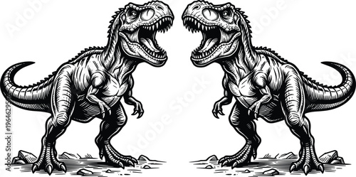 Tyrannosaurus Rex dinosaur vector illustration, two angry T-Rex predators with open mouths, black and white prehistoric animal icons, isolated