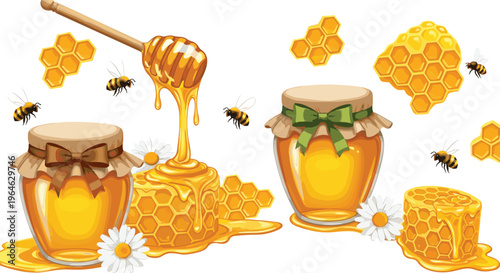 Flat vector illustration collection of honey glass jars with ribbons, fresh honeycombs, wooden dipper, flying bees, and chamomile flowers for organic product branding.