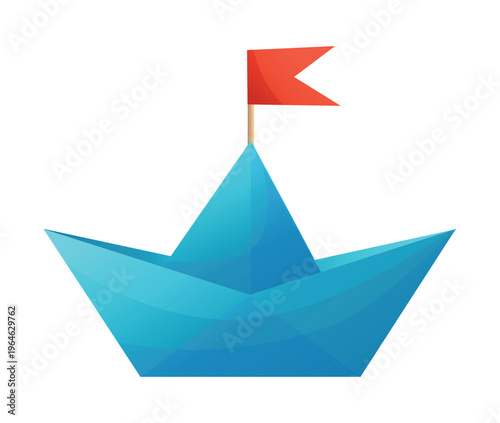 Origami Paper boat. A small ship made of blue paper and a red flag. Ship of folded paper crafty